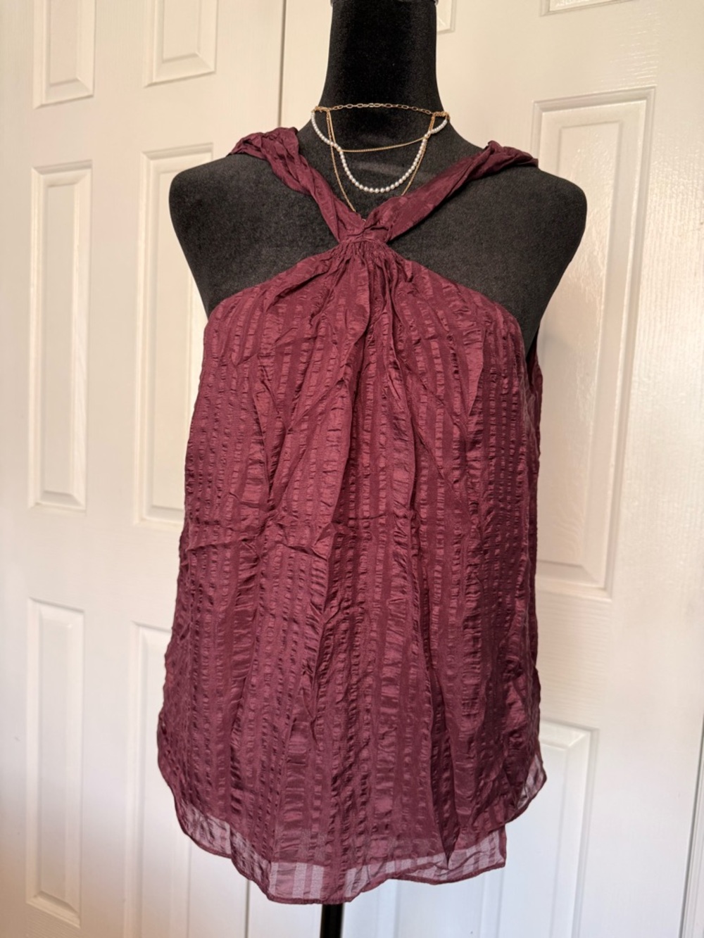 Frame Silk Halter Blouse Burgundy Plum Textured Tie Neck Top Size Small
